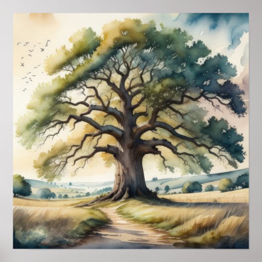 水の色絵を描の巨大な古いオークの木 ポスター (正面)
