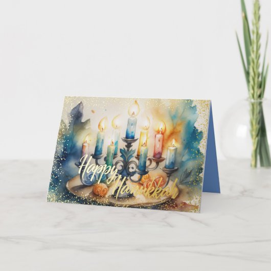 水の色絵を描の(ユダヤ教)メノラーハッピーハヌカー シーズンカード (正面)