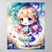 水の色絵画のかわいいチビ(小さくかわいく書いた感じ)女性II ポスター (正面)