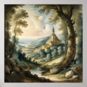 水の色絵画のアンティークスタイル風景 ポスター (正面)