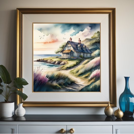 水の色絵画のシーサイドコテージ ポスター