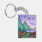 水の色絵画のファンタジー要塞の城の生活 キーホルダー (正面左)