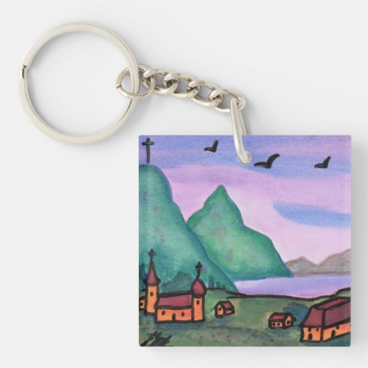 水の色絵画のファンタジー要塞の城の生活 キーホルダー (正面)