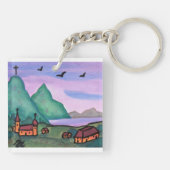 水の色絵画のファンタジー要塞の城の生活 キーホルダー (裏面)