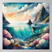水の色絵画のブルネットのマーメイド1:1 ポスター (正面)