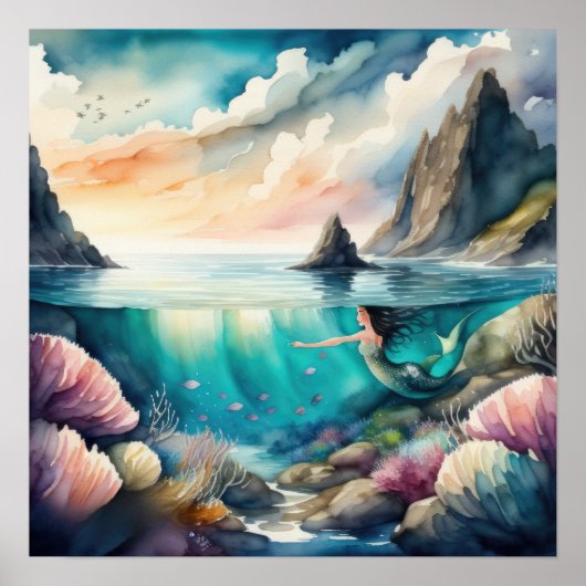 水の色絵画のブルネットのマーメイド1:1 ポスター (正面)