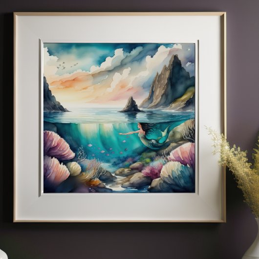 水の色絵画のブルネットのマーメイド1:1 ポスター