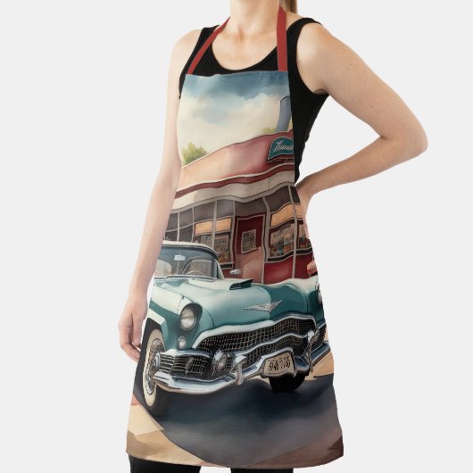 水の色絵画のヴィンテージカーとダイナー エプロン (インサイチュ)