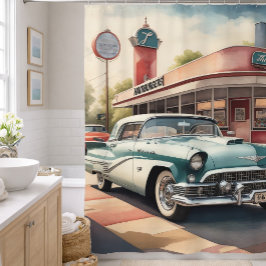 水の色絵画のヴィンテージカーとダイナー シャワーカーテン