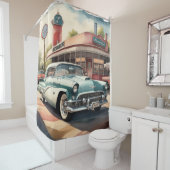 水の色絵画のヴィンテージカーとダイナー シャワーカーテン (インサイチュ)