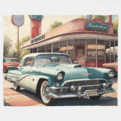 水の色絵画のヴィンテージカーとダイナー フリースブランケット (正面(横))