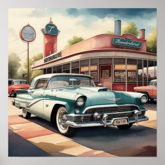 水の色絵画のヴィンテージカーとダイナー ポスター (正面)