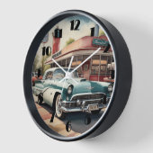 水の色絵画のヴィンテージカーとダイナー 壁時計 (傾斜)