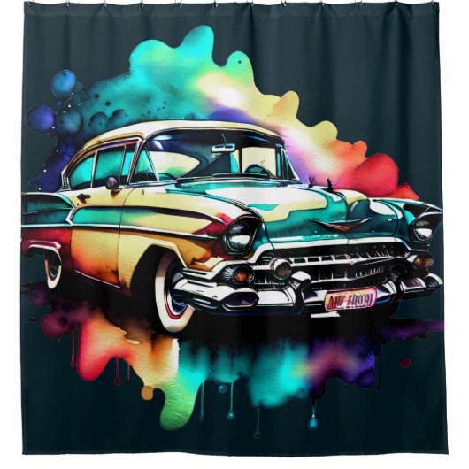 水の色絵画のヴィンテージカー シャワーカーテン (正面)