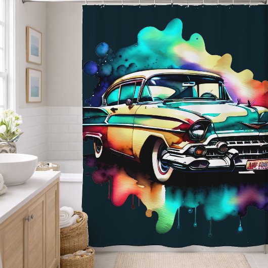 水の色絵画のヴィンテージカー シャワーカーテン