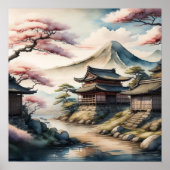 水の色絵画の古代日本の村1:1 ポスター (正面)