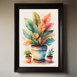 水の色絵画の家の植物ポット ポスター