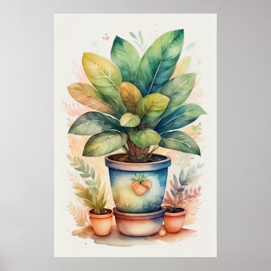 水の色絵画の家の植物ポットIII ポスター (正面)