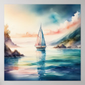 水の色絵画の帆船1:1 ポスター (正面)