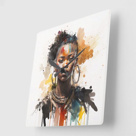 水の色絵画の美しいアフリカ族女性 スクエア壁時計 (傾斜)