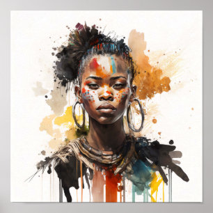 水の色絵画の美しいアフリカ族女性 ポスター