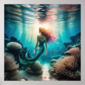 水の色絵画の赤毛マーメイド1:1 ポスター (正面)