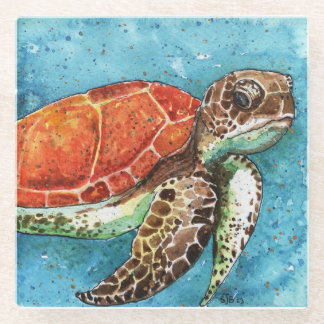 水の色絵画- Sea Turtle coaster ガラスコースター