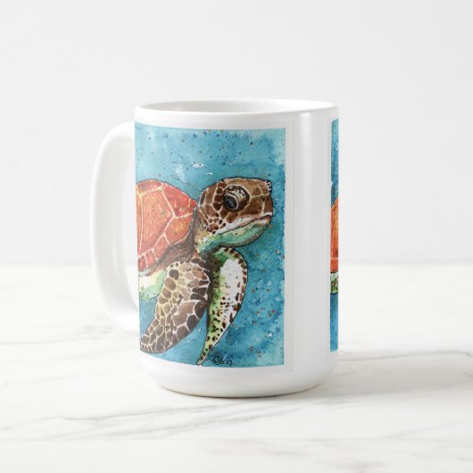 水の色絵画- Sea Turtle mug コーヒーマグカップ (正面左)