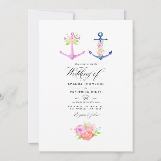 水の色航海のをテーマにしたフローラ結婚の写真 招待状 (正面)