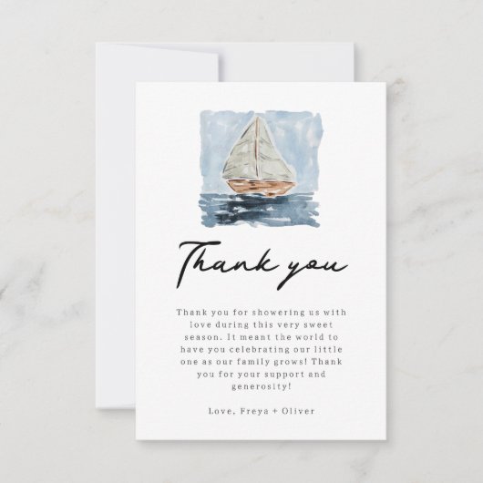 水の色航海の帆船ベイビーシャワーありがとう サンキューカード (正面)