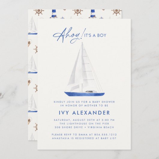 水の色航海の帆船ボーイ赤ちゃんシャワー 招待状 (正面/裏面)