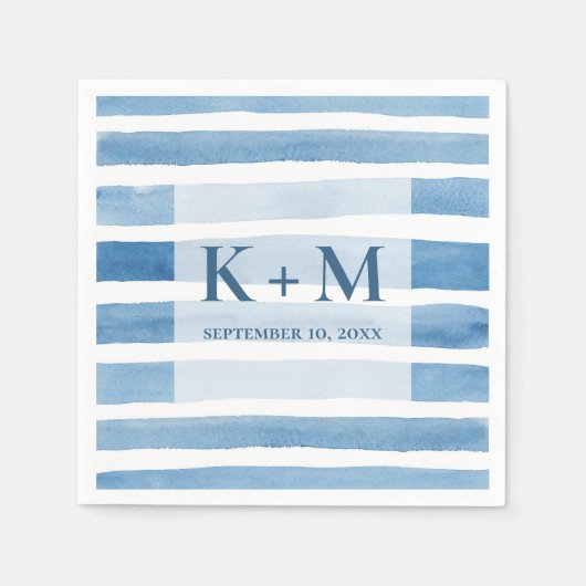 水の色航海の結婚の。ブルーストライプモノグラム スタンダードカクテルナプキン (正面)