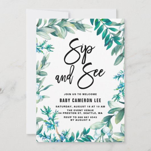 水の色葉のリースと果実のsipと参照 招待状 (正面)