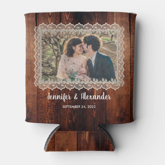 水の色葉の素朴な木のレース結婚写真 缶クーラー (正面)