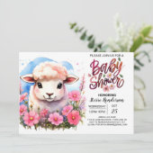 水の色魅力的羊ピンクの女の子の赤ちゃんシャワー 招待状 (スタンド正面)