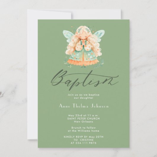 水の色魔法の妖精の女の子セージ緑のバプテスマ 招待状 (正面)