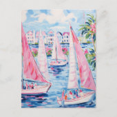 水の色鮮やかピンクの帆船熱帯沿岸 ポストカード (正面)