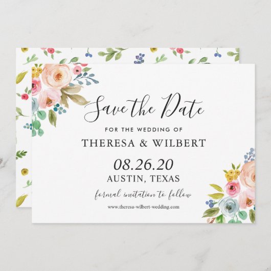 水の色鮮やかフローラ結婚式の日付を保存 招待状 (正面/裏面)