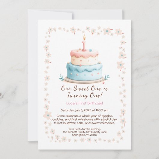 水の色1st誕生日招待状とケーキキャンドル 招待状 (正面)