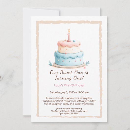 水の色1st誕生日招待状とケーキキャンドル 招待状 (正面)