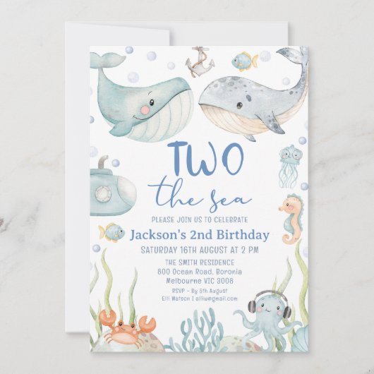 水の色2つのクジラ海2番目の誕生日 招待状 (正面)