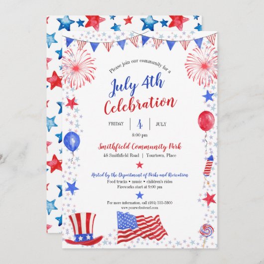 水の色7月4日の独立記念日パーティー 案内状 (正面/裏面)