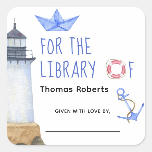 水の色 – 航海のベビーシャワー蔵書票 スクエアシール (正面)