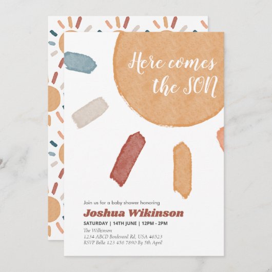 水の色bohoここ来に息子の赤ちゃんシャワー 招待状 (正面/裏面)