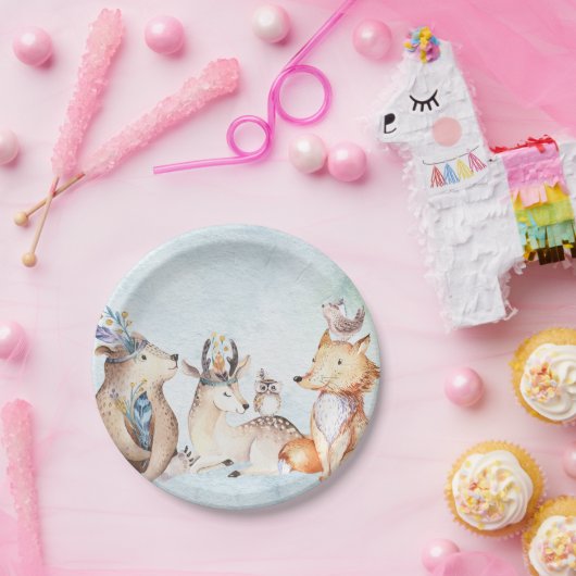 水の色Bohoクマ動物素朴赤ちゃんシャワー ペーパープレート (パーティー)