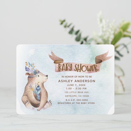 水の色Bohoクマ動物素朴赤ちゃんシャワー 招待状 (スタンド正面)