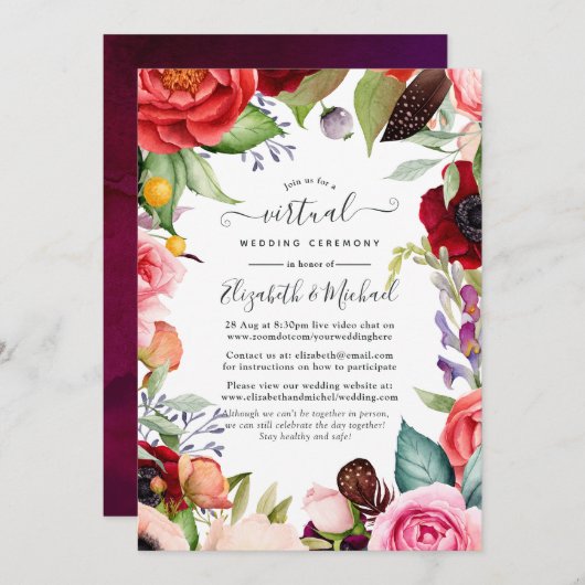 水の色Bohoフローラオンライン結婚Virtual 招待状 (正面/裏面)