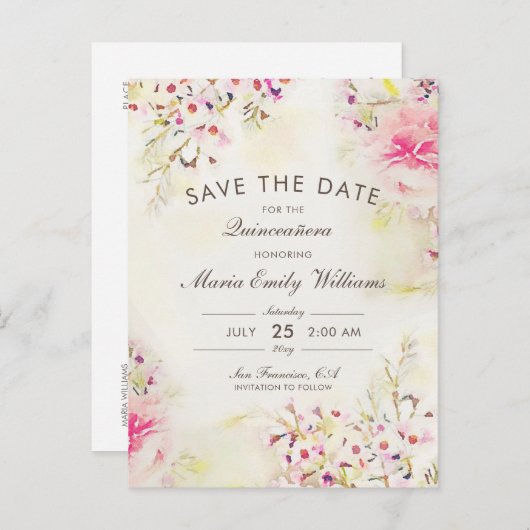 水の色BohoフローラQinceanera日付を保存 案内ポストカード (正面/裏面)