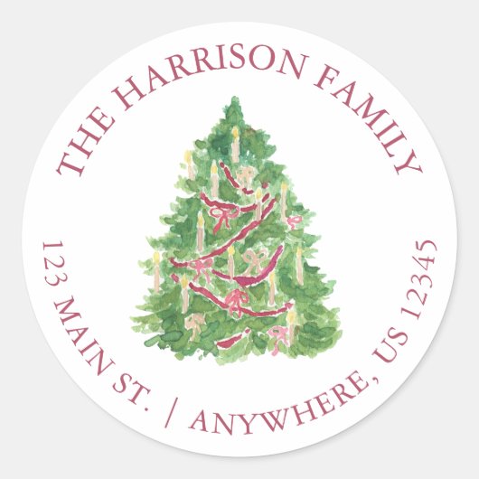 水の色Burgundyと緑のクリスマスツリーのアドレス ラウンドシール (正面)