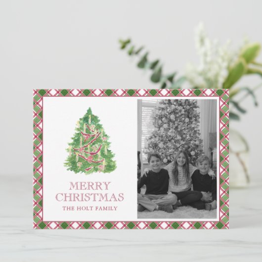 水の色Burgundy Plaidクリスマスツリーの写真 シーズンカード (スタンド正面)